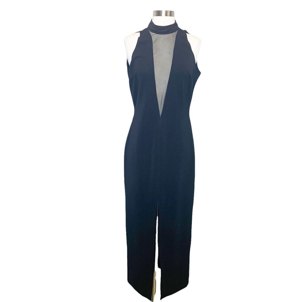 Vintage 90s Lew Magram M Medium Black Formal Dress Fitted Sheer Halter Sexy Slit